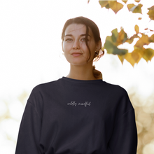 Load image into Gallery viewer, Wildly Mindful embroidered eco sweatshirt in navy
